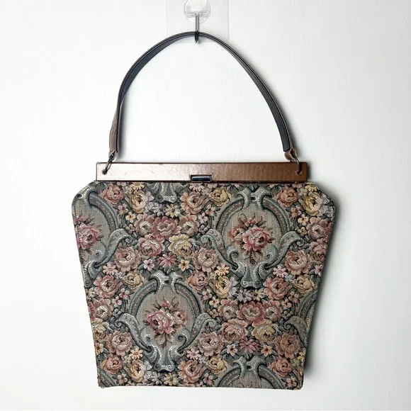 Vintage 50s Floral Tapestry Top Handle Kelly Frame Handbag Victorian Roses - Picture 1 of 11